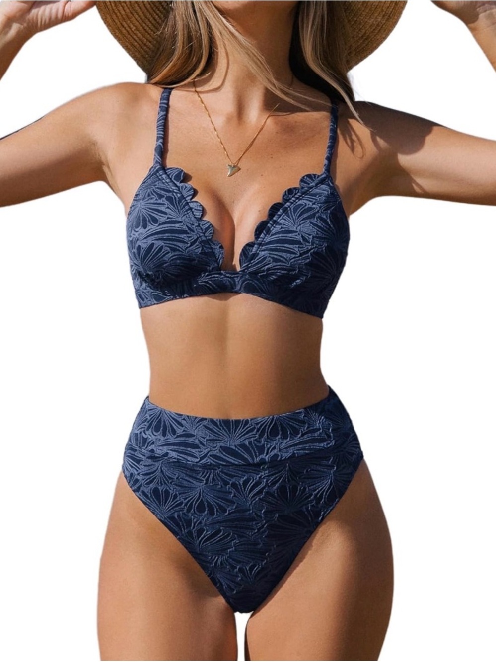 Cupshe Navy Floral Scallop High-Waist Bikini